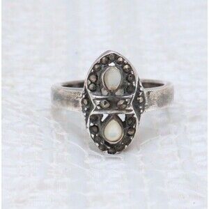 Vintage Sterling Silver Ring with Marcasite and White Stone S 7 Mothers Day Gift